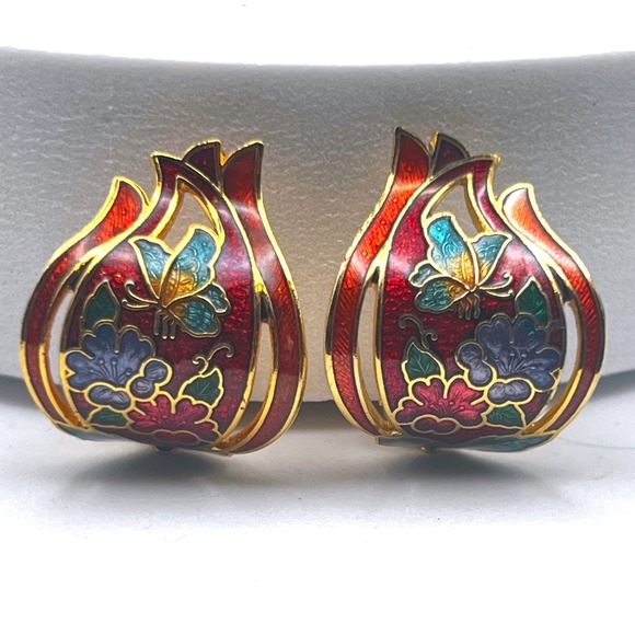 Vintage Cloisonné Enamel Earrings Blue Red Gold Tone Butterfly Floral Clip On - Picture 1 of 6